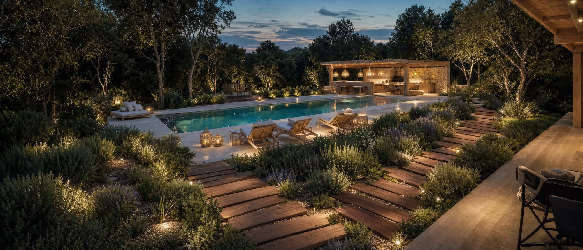 La piscine et la cuisine d'été à la tombée du jour